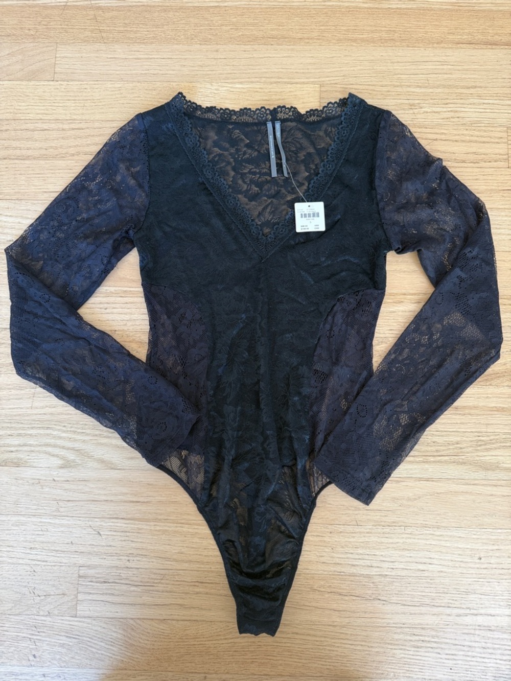 NWT: Anthropologie Black Lace Long-Sleeve Bodysuit, sz. Small
